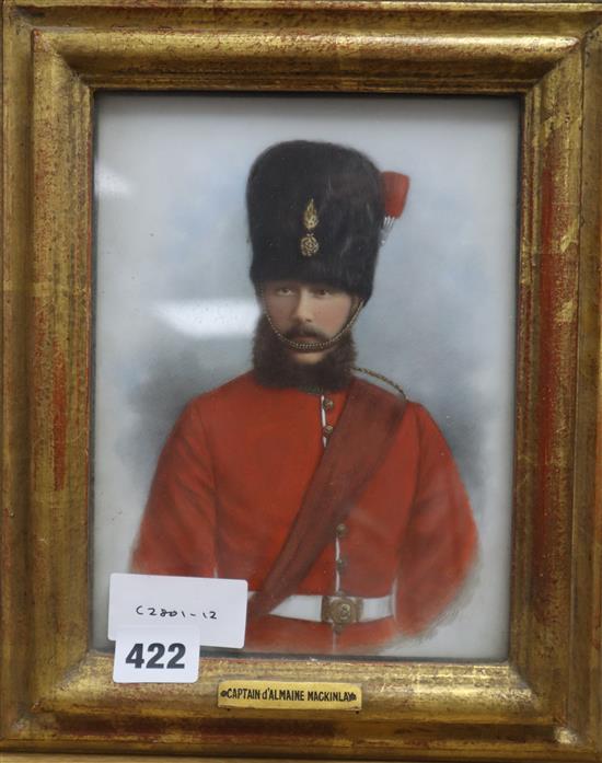 Late 19th century English School, oil on opaline glass, Portrait of an army officer, Captain dAlmaine Mackinley,
